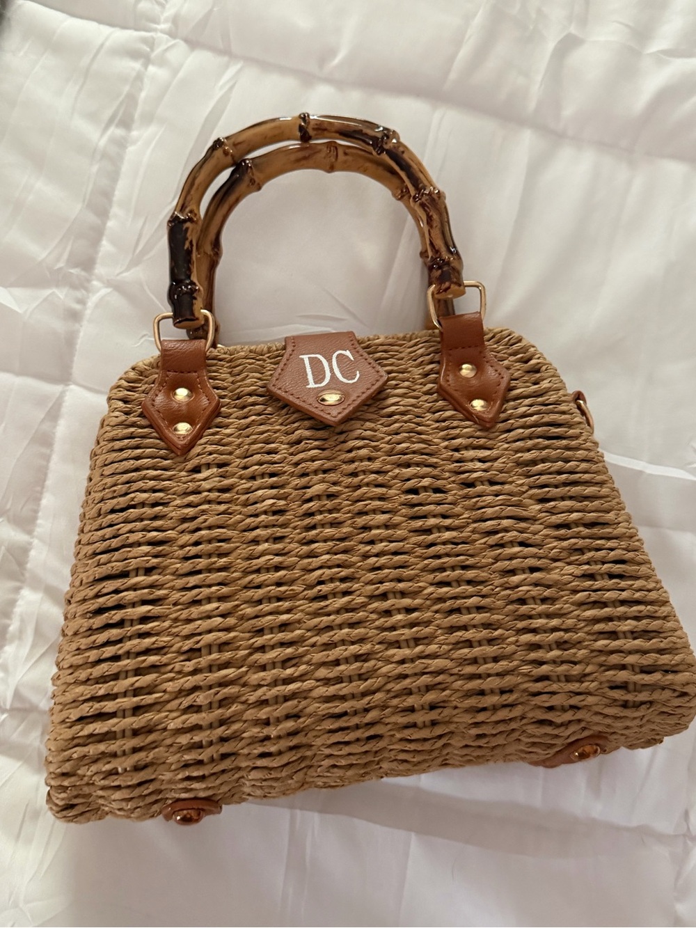 Woven Straw Handbag with Brown Bamboo Handles